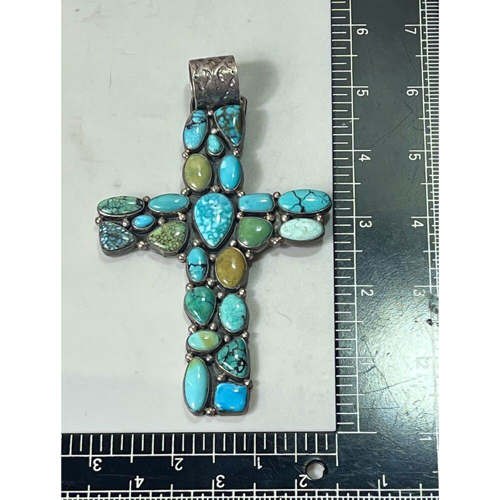 VTG Zuni Turquoise Cluster Sterling Silver Cross Pendant by B Bowekaty 73.4g - Picture 13 of 14